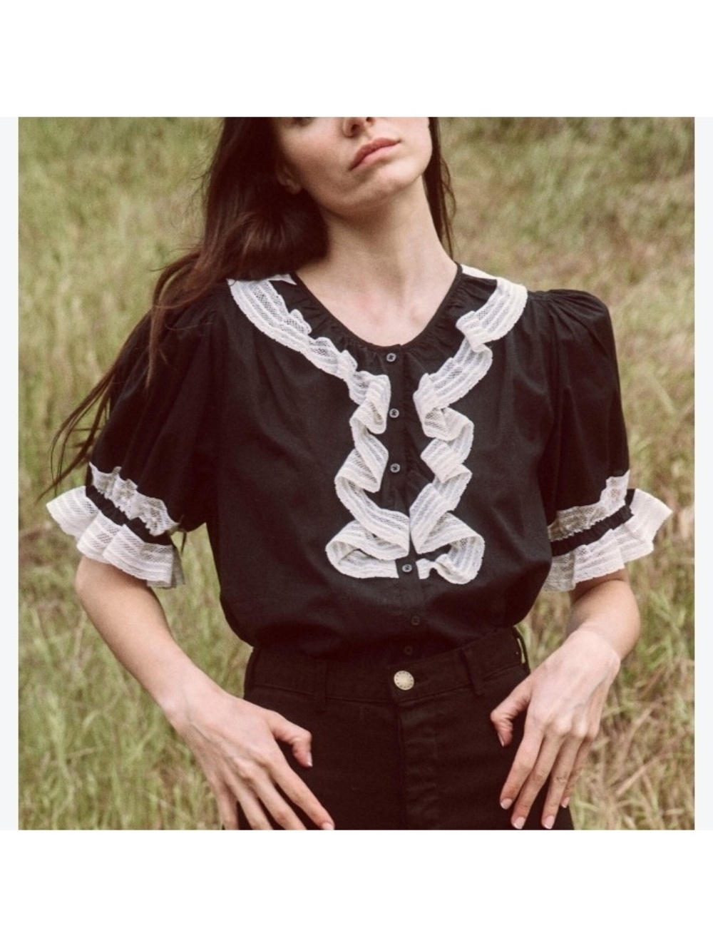 The GREAT. The Bishop Top Blouse in Black/Cream Women’s size 2 Medium